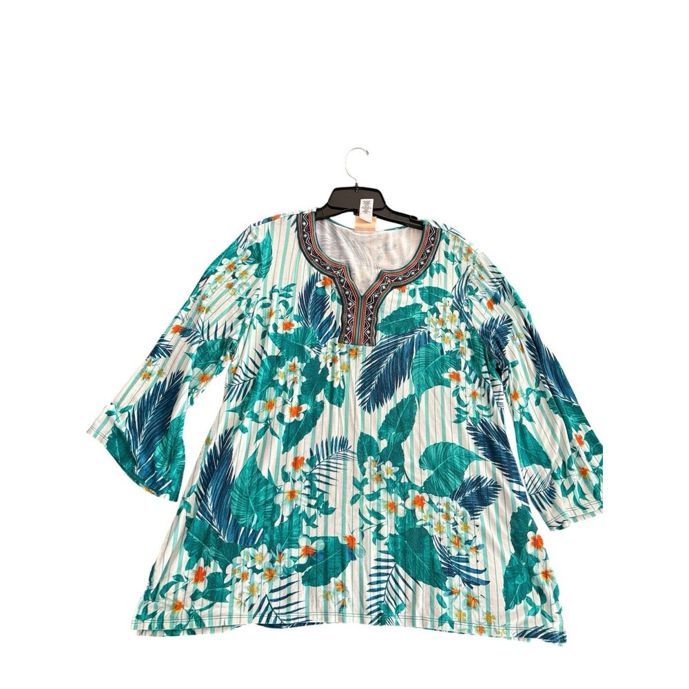 Ruby Rd Womens Tropical Floral Top 3/4 Sleeve Rayon/Spandex Longer on Sides PXL